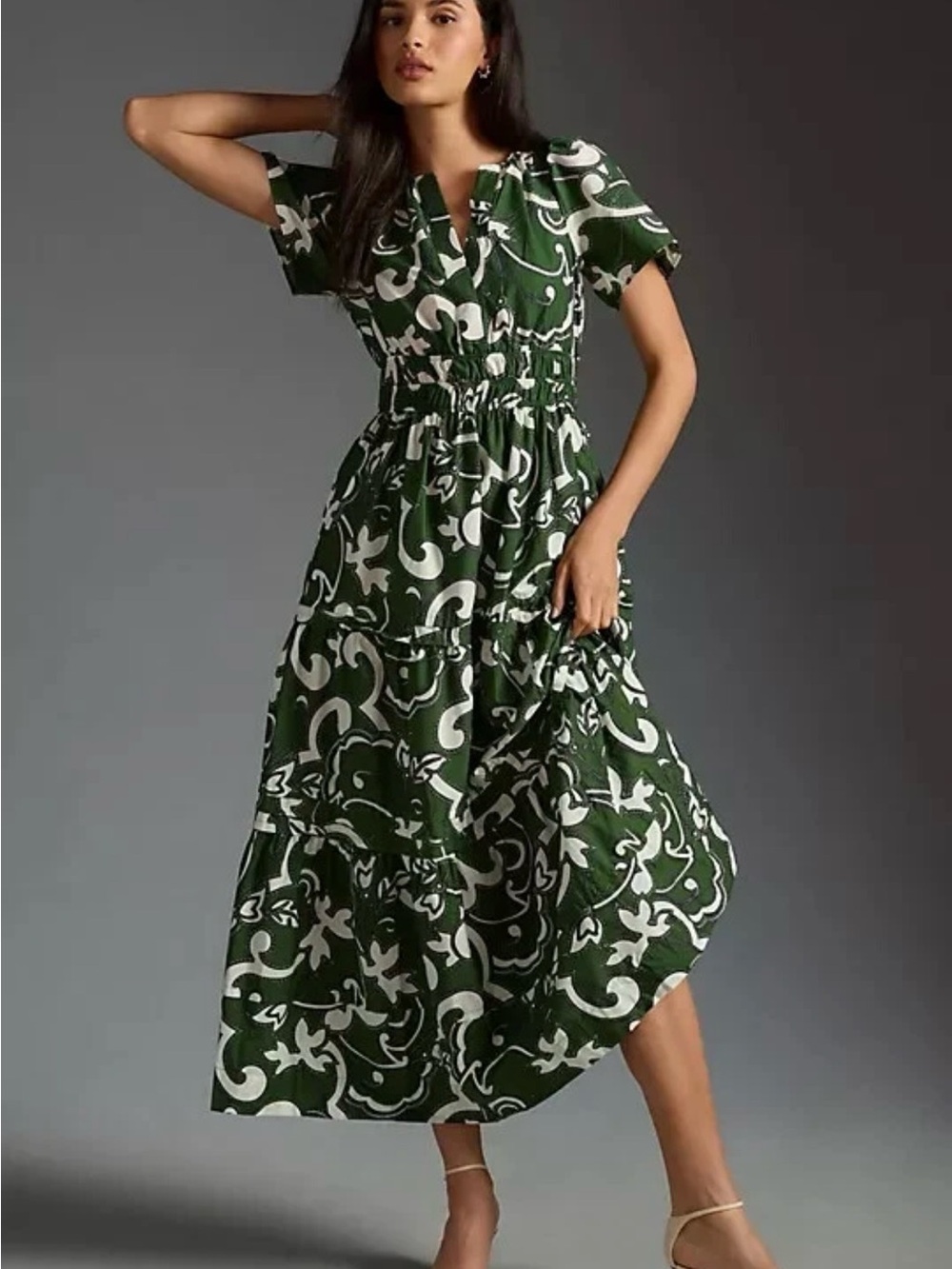 NWOT original $168 Anthropologie Green and White Printed Tiered Maxi Dress
